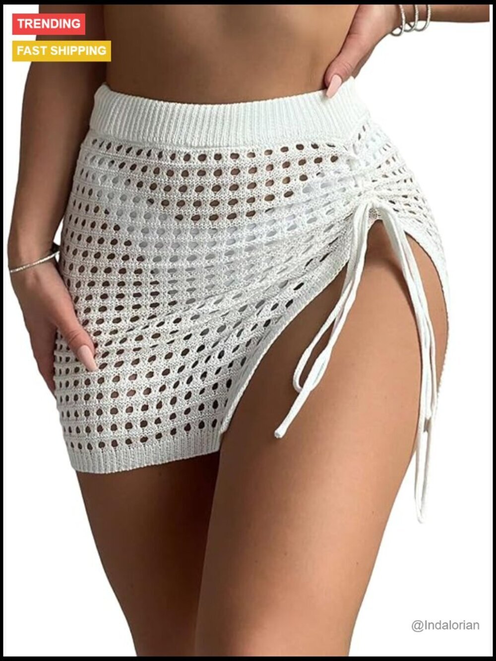 Hollow Out Crochet Cover Up Beach Skirt Sheer Drawstring Split Swimwear